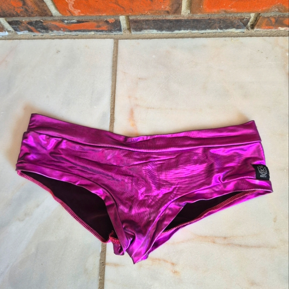 Bad Kitty Metallic Chrome Shiny Purple Pink Fuschia Bikini Bottoms Pole Shorts